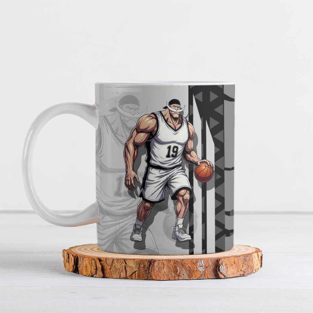 Whitebeard Newgate One Piece Basketball Theme Black and White Design Ceramic Mug with Crossed Moustache Emblem and Dominant Pose - The Mazicc
