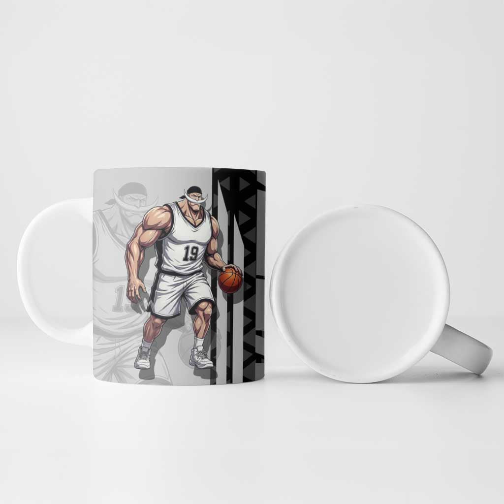 Whitebeard Newgate One Piece Basketball Theme Black and White Design Ceramic Mug with Crossed Moustache Emblem and Dominant Pose - The Mazicc