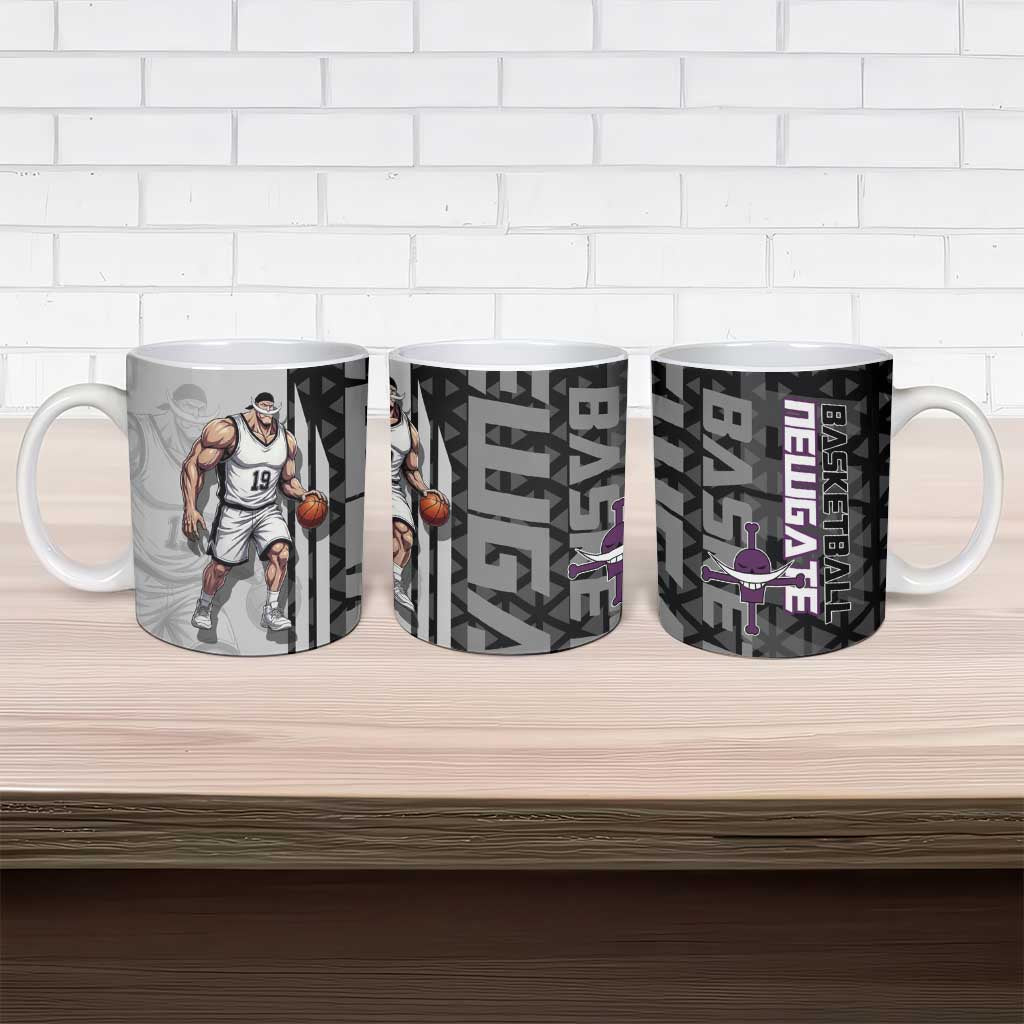 Whitebeard Newgate One Piece Basketball Theme Black and White Design Ceramic Mug with Crossed Moustache Emblem and Dominant Pose - The Mazicc