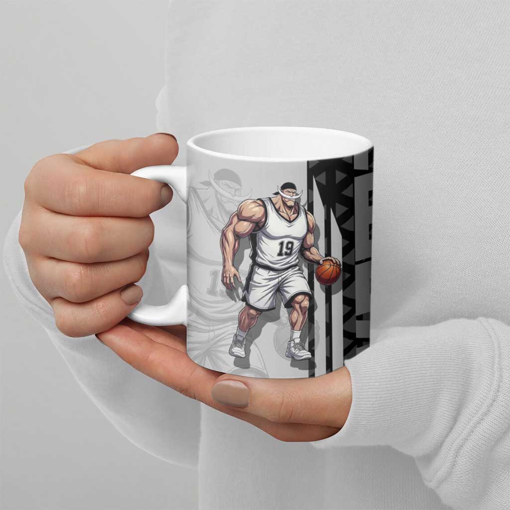 Whitebeard Newgate One Piece Basketball Theme Black and White Design Ceramic Mug with Crossed Moustache Emblem and Dominant Pose - The Mazicc