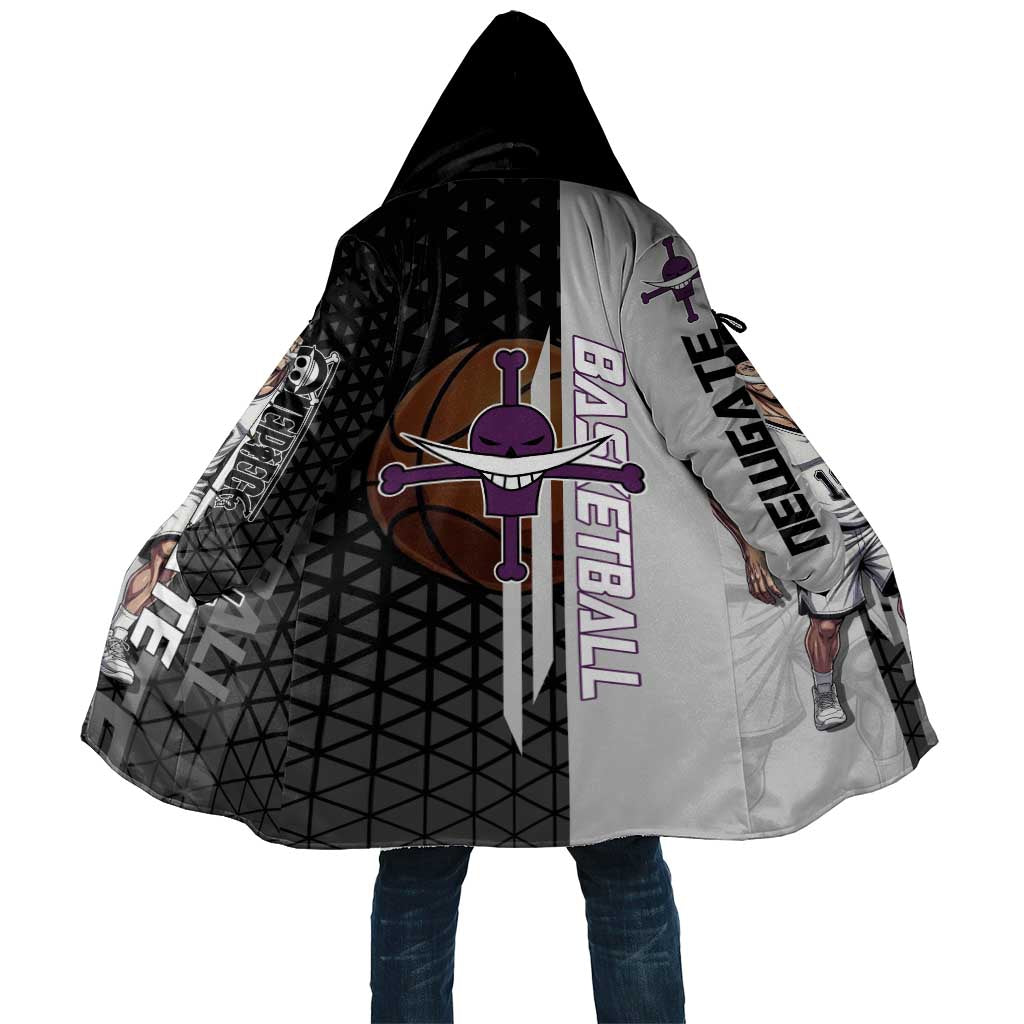 Whitebeard Newgate One Piece Basketball Theme Black and White Design Cloak with Crossed Moustache Emblem and Dominant Pose - The Mazicc
