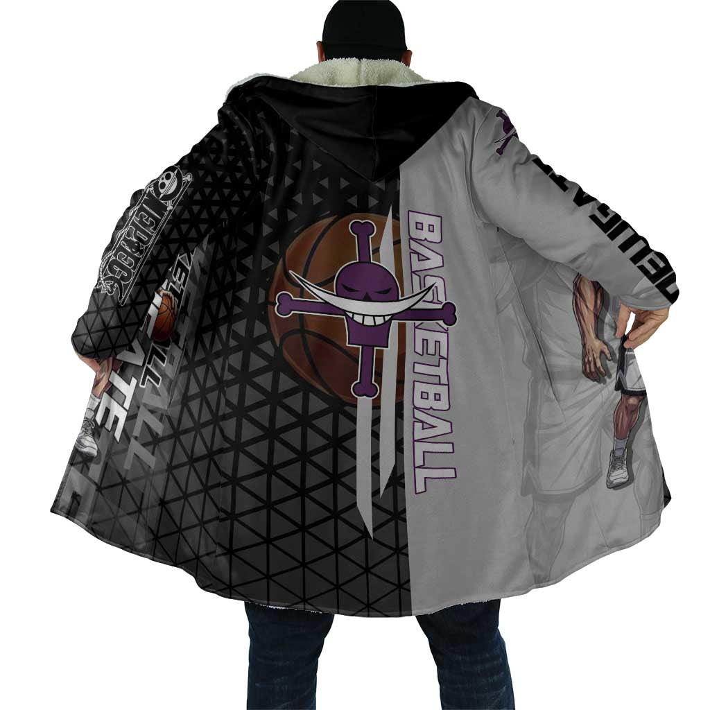 Whitebeard Newgate One Piece Basketball Theme Black and White Design Cloak with Crossed Moustache Emblem and Dominant Pose - The Mazicc