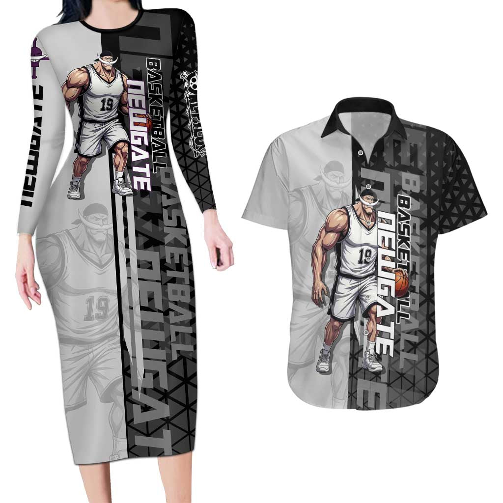 Whitebeard Newgate One Piece Basketball Theme Black and White Design Couples Matching Long Sleeve Bodycon Dress and Hawaiian Shirt with Crossed Moustache Emblem and Dominant Pose - The Mazicc