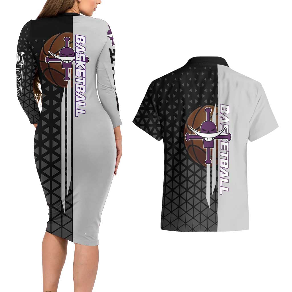 Whitebeard Newgate One Piece Basketball Theme Black and White Design Couples Matching Long Sleeve Bodycon Dress and Hawaiian Shirt with Crossed Moustache Emblem and Dominant Pose - The Mazicc