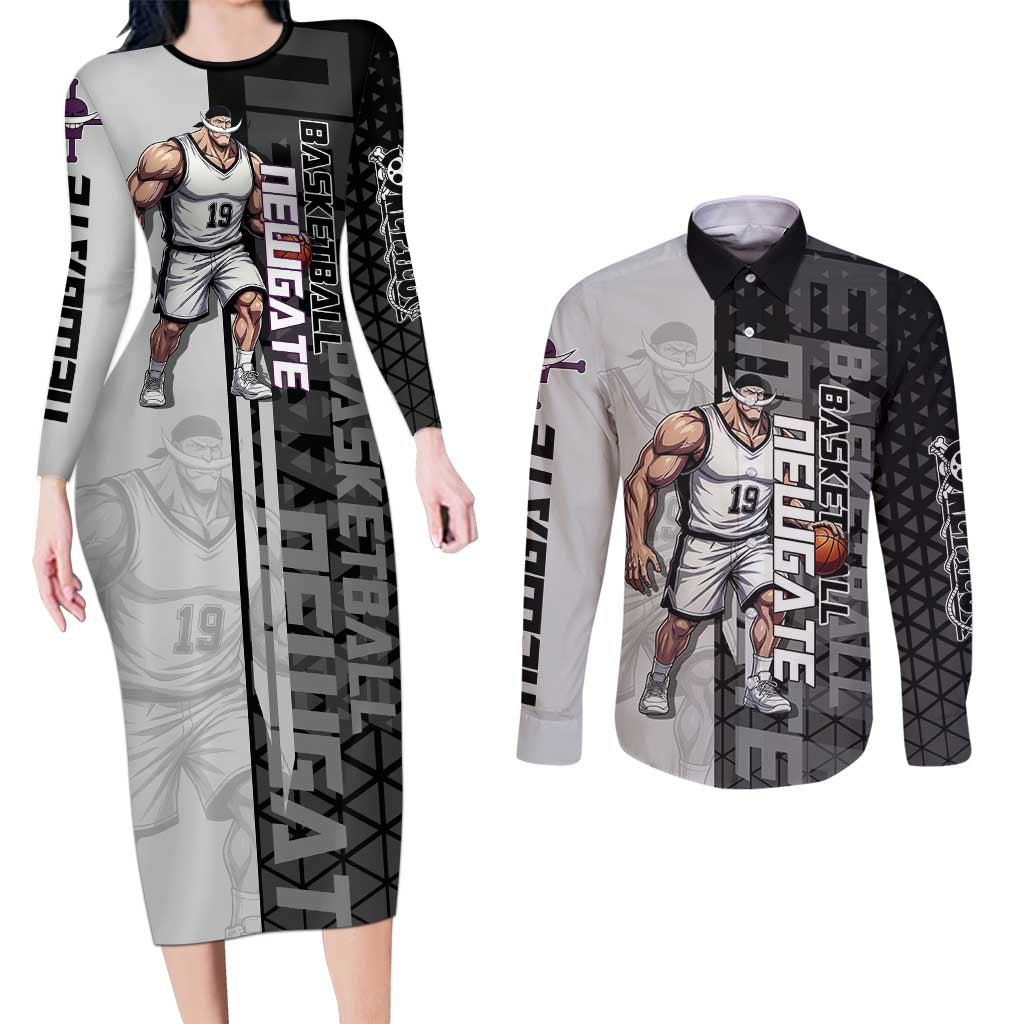 Whitebeard Newgate One Piece Basketball Theme Black and White Design Couples Matching Long Sleeve Bodycon Dress and Long Sleeve Button Shirt with Crossed Moustache Emblem and Dominant Pose - The Mazicc