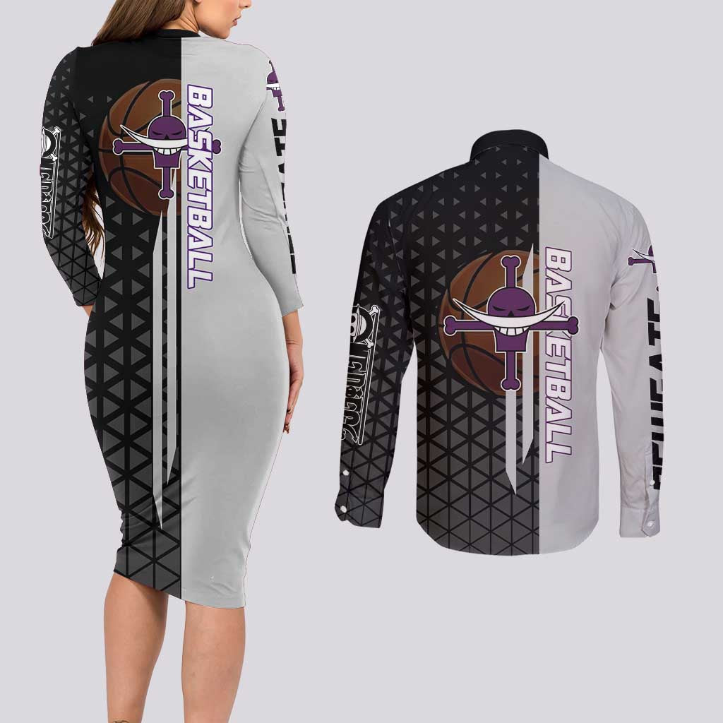Whitebeard Newgate One Piece Basketball Theme Black and White Design Couples Matching Long Sleeve Bodycon Dress and Long Sleeve Button Shirt with Crossed Moustache Emblem and Dominant Pose - The Mazicc