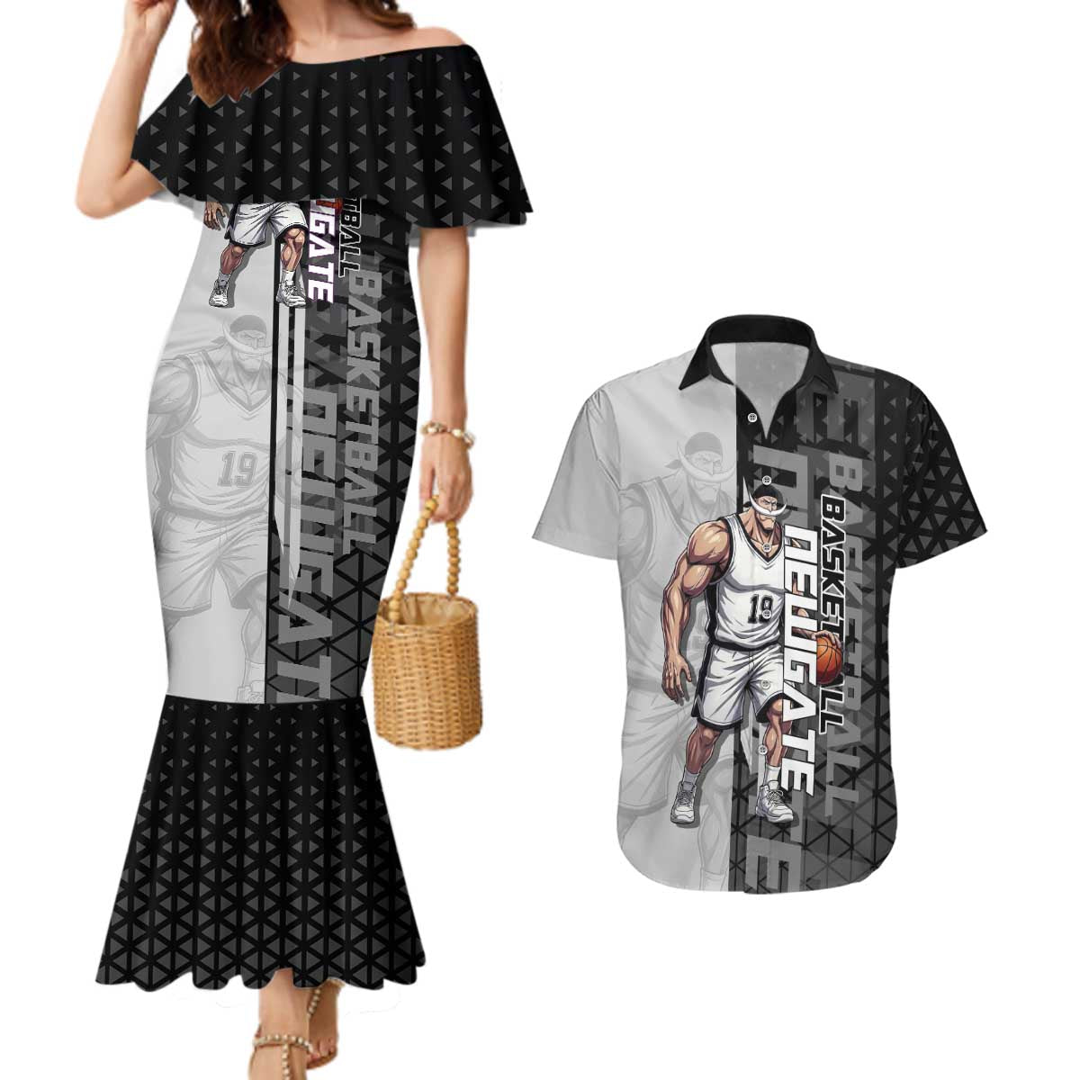 Whitebeard Newgate One Piece Basketball Theme Black and White Design Couples Matching Mermaid Dress and Hawaiian Shirt with Crossed Moustache Emblem and Dominant Pose - The Mazicc