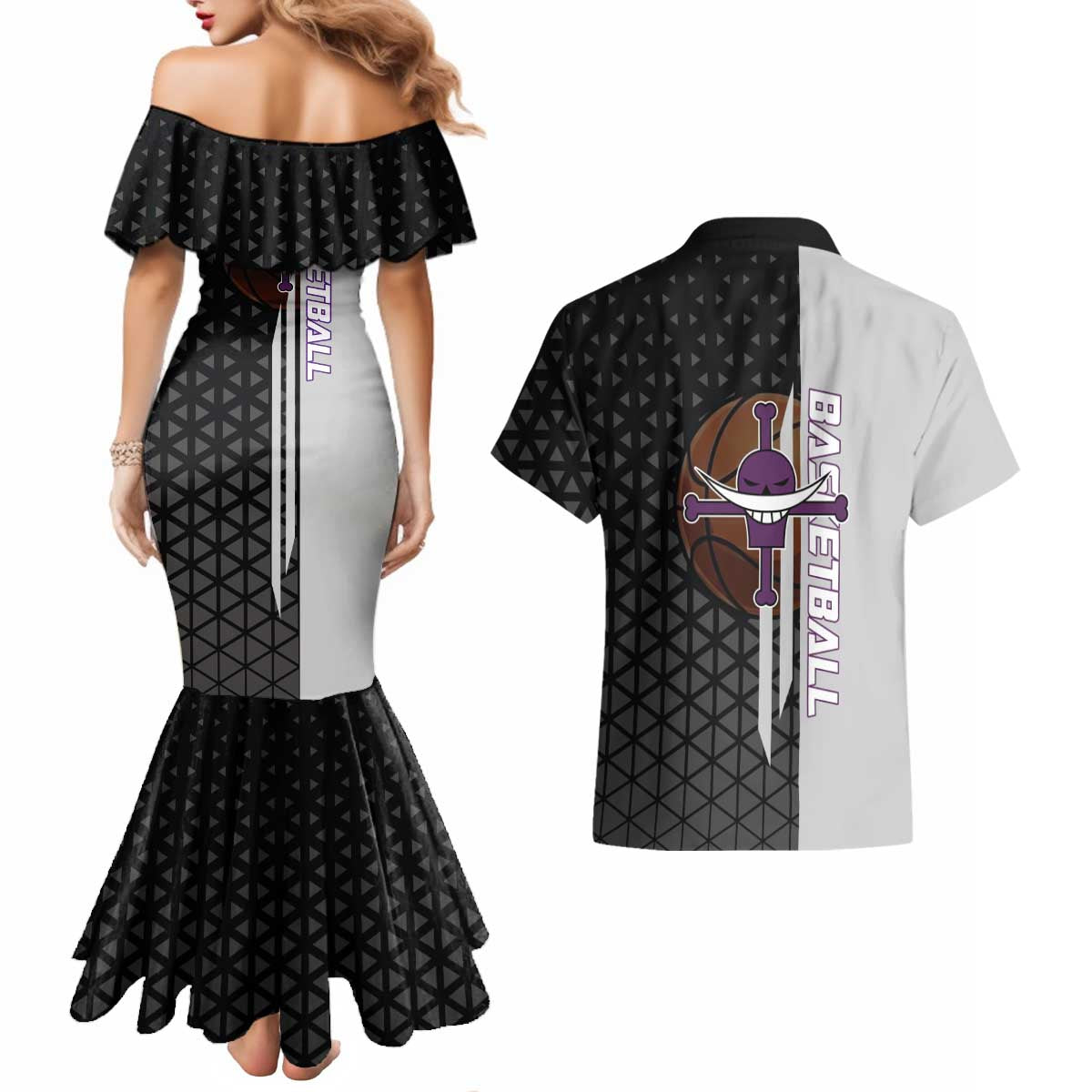 Whitebeard Newgate One Piece Basketball Theme Black and White Design Couples Matching Mermaid Dress and Hawaiian Shirt with Crossed Moustache Emblem and Dominant Pose - The Mazicc