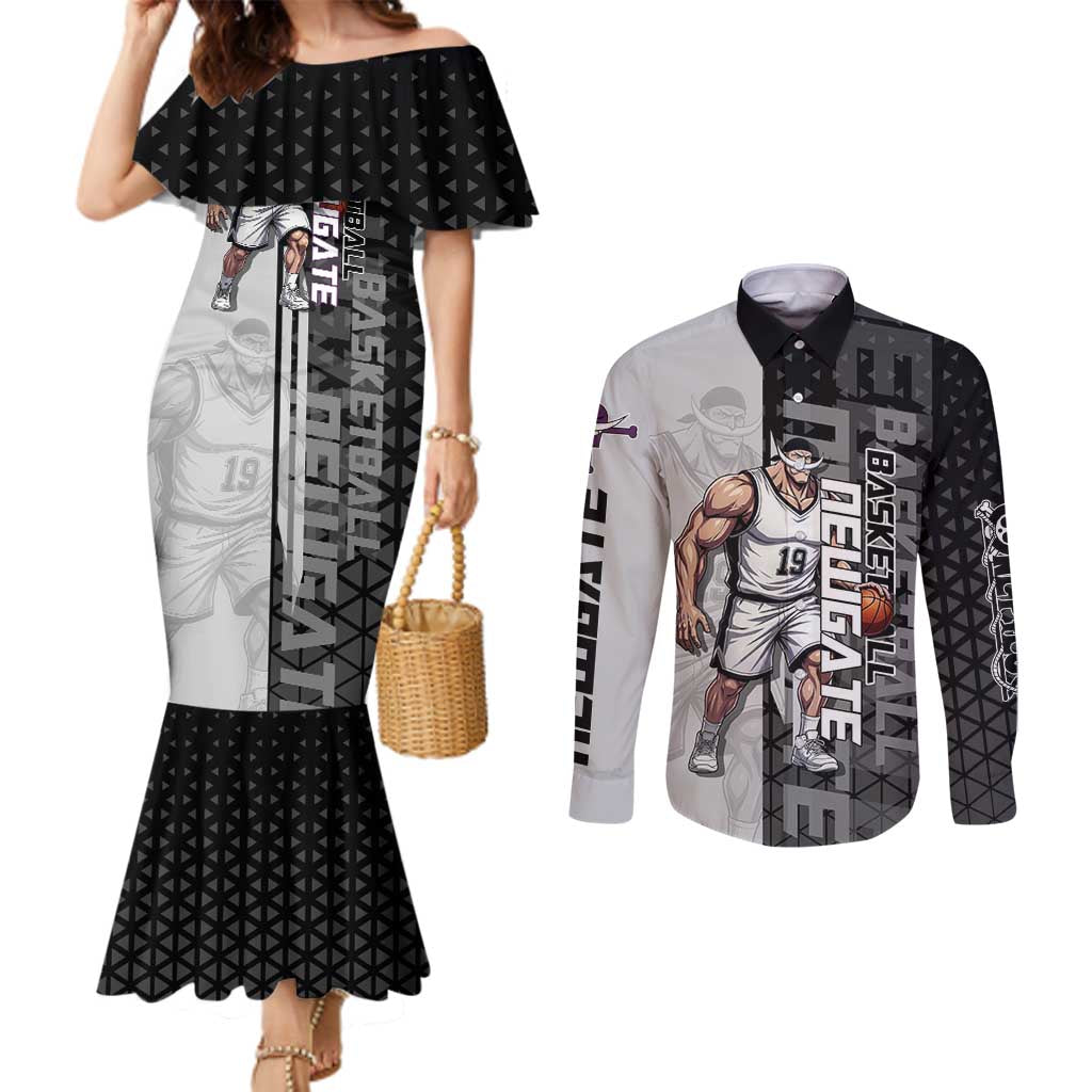 Whitebeard Newgate One Piece Basketball Theme Black and White Design Couples Matching Mermaid Dress and Long Sleeve Button Shirt with Crossed Moustache Emblem and Dominant Pose - The Mazicc