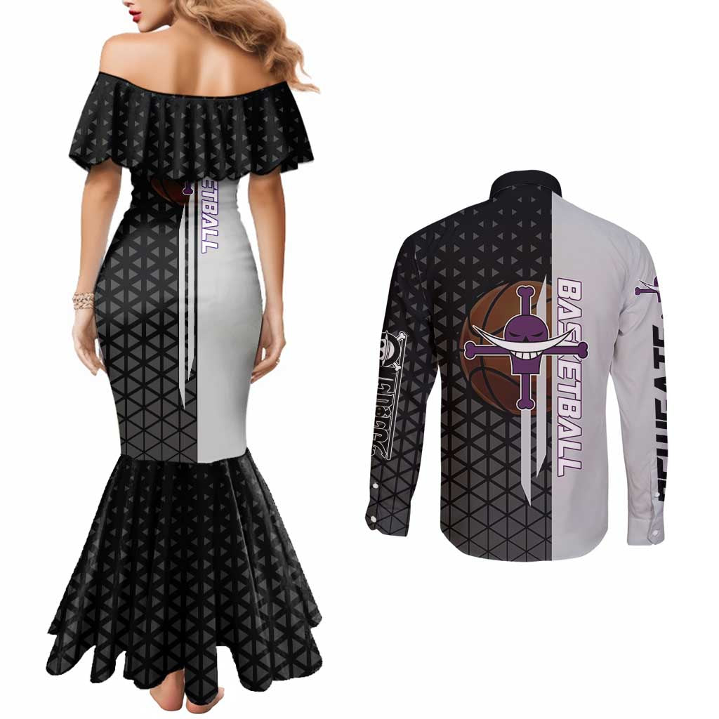 Whitebeard Newgate One Piece Basketball Theme Black and White Design Couples Matching Mermaid Dress and Long Sleeve Button Shirt with Crossed Moustache Emblem and Dominant Pose - The Mazicc