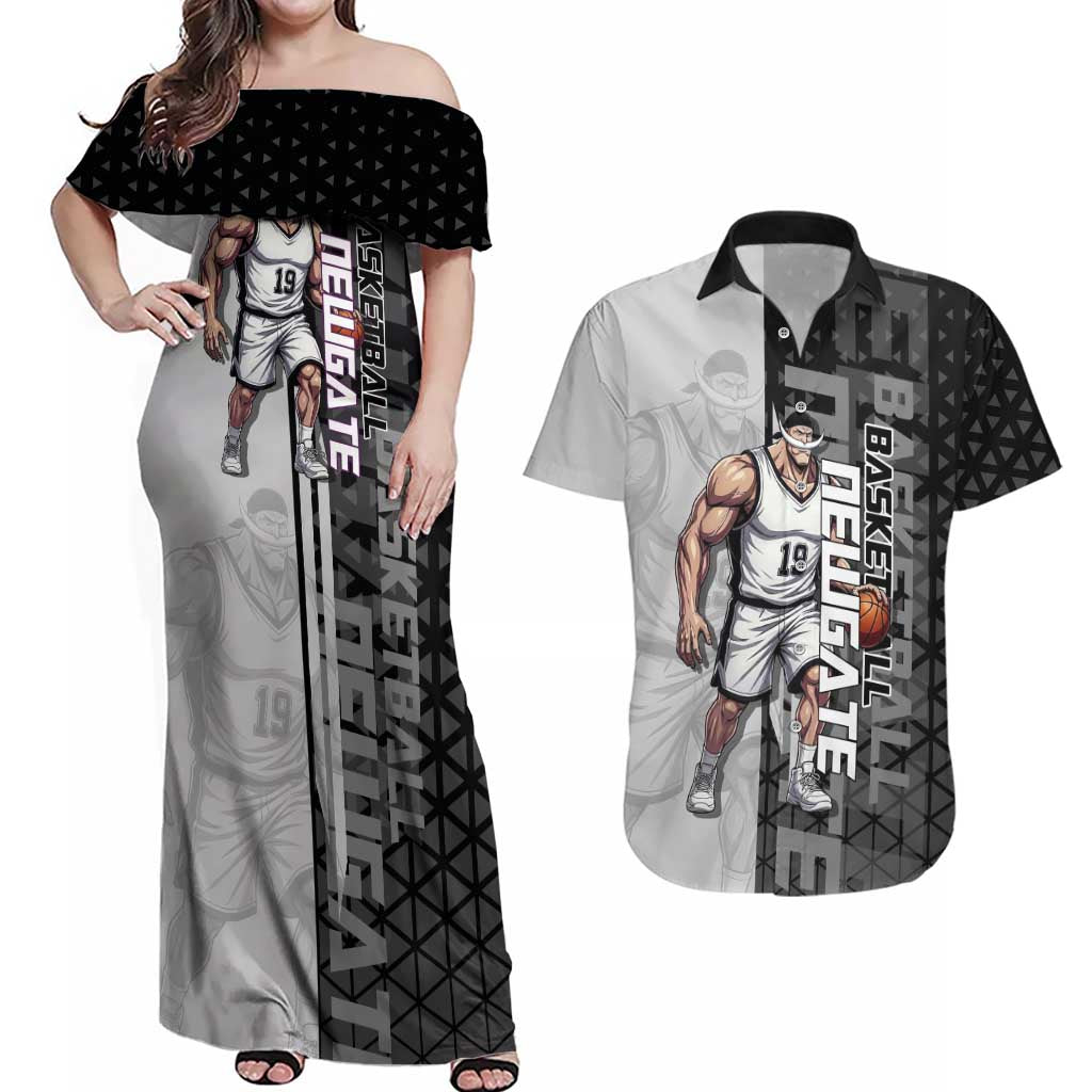 Whitebeard Newgate One Piece Basketball Theme Black and White Design Couples Matching Off Shoulder Maxi Dress and Hawaiian Shirt with Crossed Moustache Emblem and Dominant Pose - The Mazicc