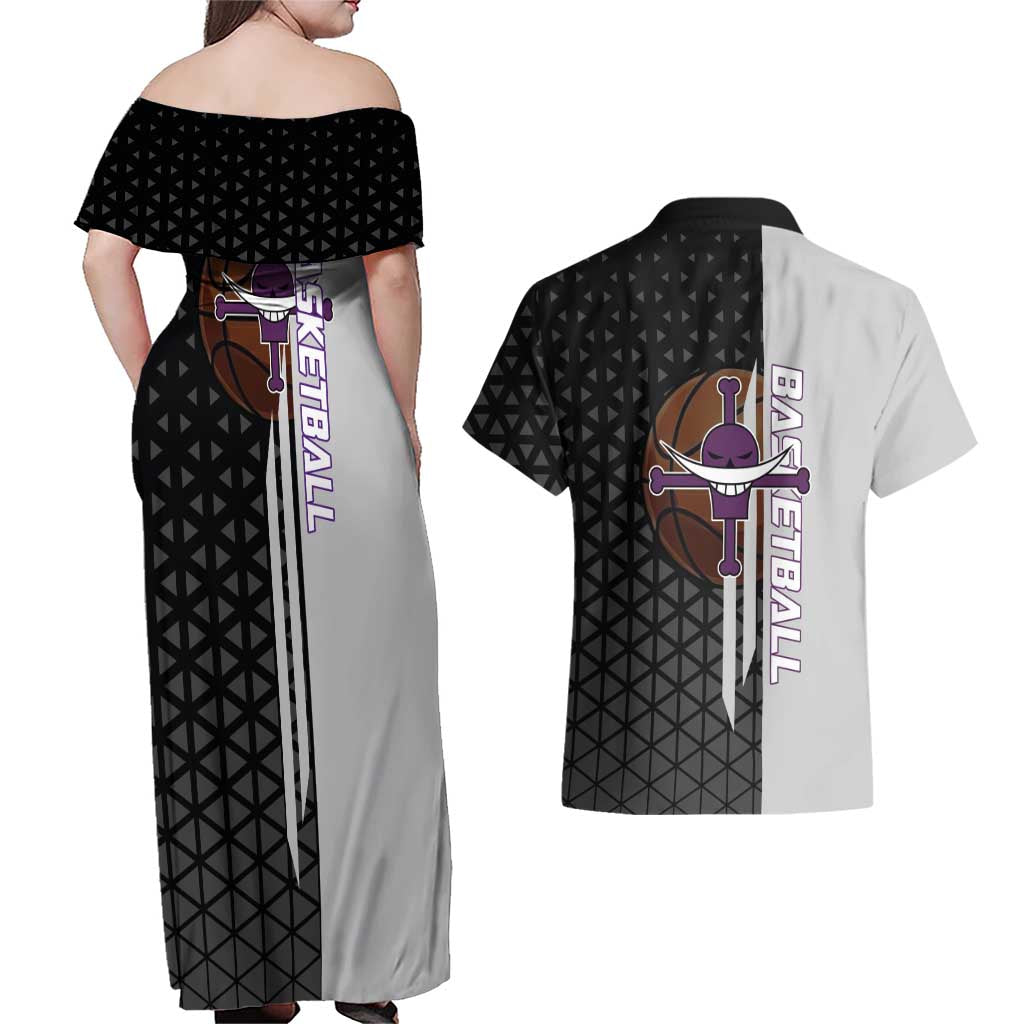 Whitebeard Newgate One Piece Basketball Theme Black and White Design Couples Matching Off Shoulder Maxi Dress and Hawaiian Shirt with Crossed Moustache Emblem and Dominant Pose - The Mazicc