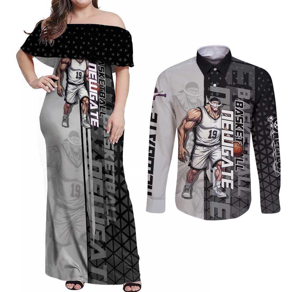Whitebeard Newgate One Piece Basketball Theme Black and White Design Couples Matching Off Shoulder Maxi Dress and Long Sleeve Button Shirt with Crossed Moustache Emblem and Dominant Pose - The Mazicc