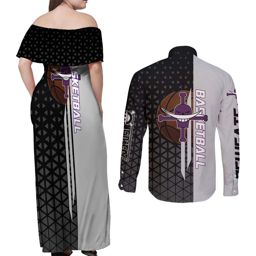 Whitebeard Newgate One Piece Basketball Theme Black and White Design Couples Matching Off Shoulder Maxi Dress and Long Sleeve Button Shirt with Crossed Moustache Emblem and Dominant Pose - The Mazicc