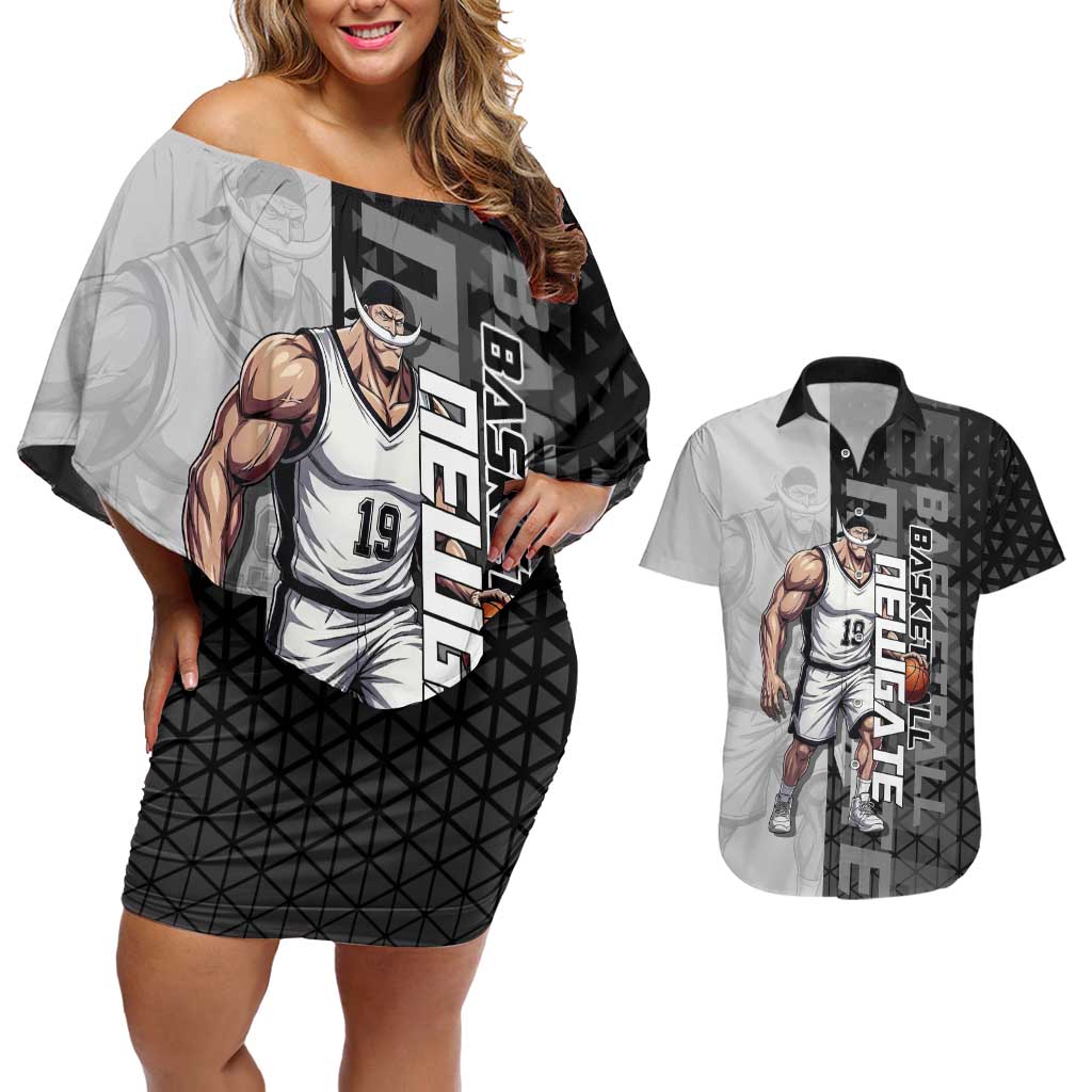 Whitebeard Newgate One Piece Basketball Theme Black and White Design Couples Matching Off Shoulder Short Dress and Hawaiian Shirt with Crossed Moustache Emblem and Dominant Pose - The Mazicc