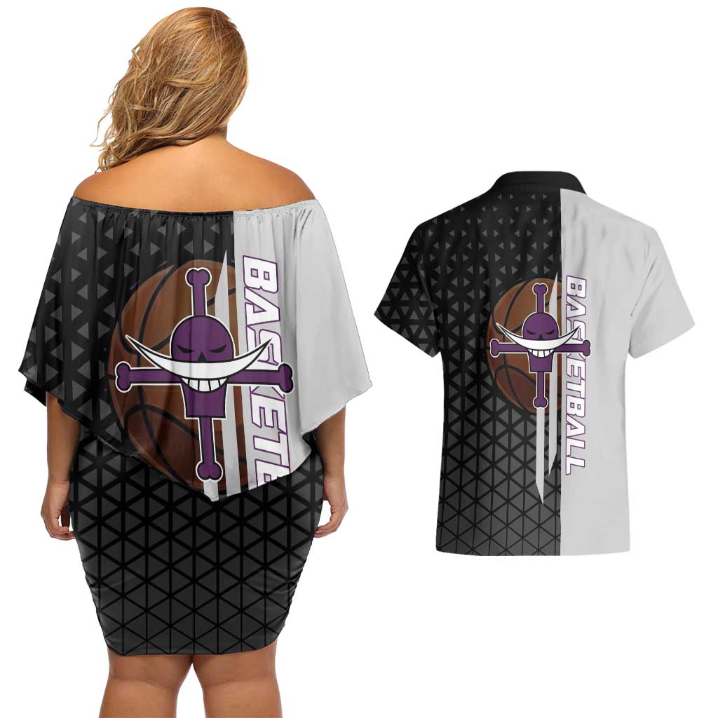Whitebeard Newgate One Piece Basketball Theme Black and White Design Couples Matching Off Shoulder Short Dress and Hawaiian Shirt with Crossed Moustache Emblem and Dominant Pose - The Mazicc