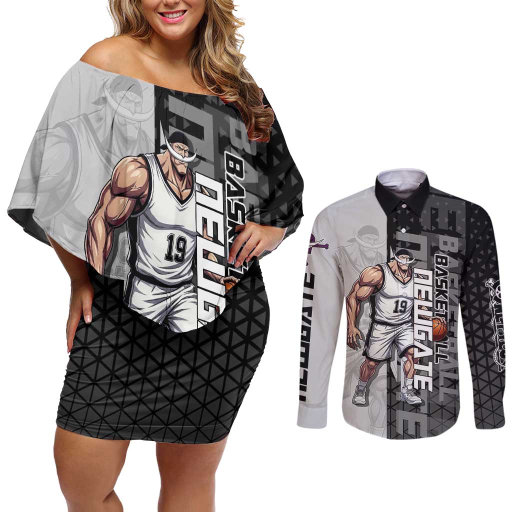 Whitebeard Newgate One Piece Basketball Theme Black and White Design Couples Matching Off Shoulder Short Dress and Long Sleeve Button Shirt with Crossed Moustache Emblem and Dominant Pose - The Mazicc