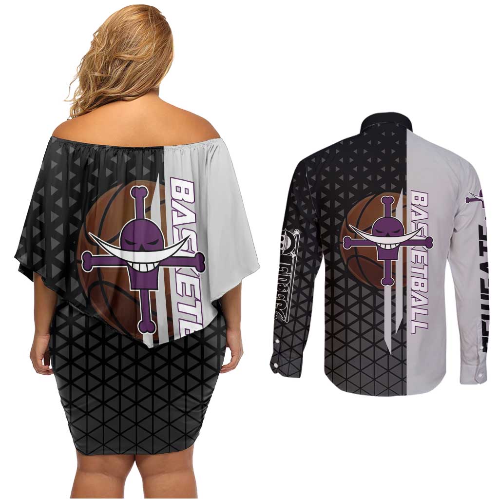 Whitebeard Newgate One Piece Basketball Theme Black and White Design Couples Matching Off Shoulder Short Dress and Long Sleeve Button Shirt with Crossed Moustache Emblem and Dominant Pose - The Mazicc