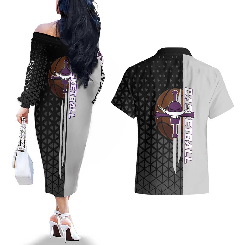 Whitebeard Newgate One Piece Basketball Theme Black and White Design Couples Matching Off The Shoulder Long Sleeve Dress and Hawaiian Shirt with Crossed Moustache Emblem and Dominant Pose - The Mazicc