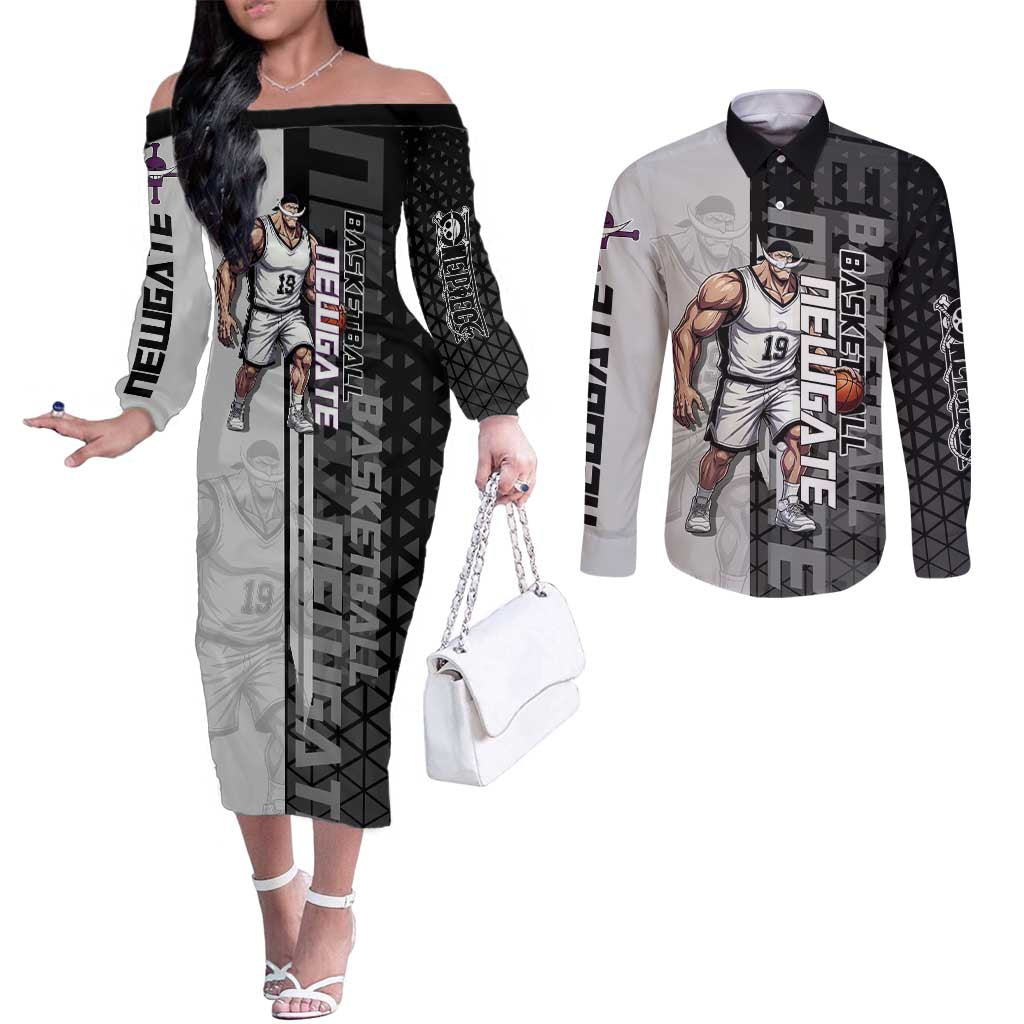 Whitebeard Newgate One Piece Basketball Theme Black and White Design Couples Matching Off The Shoulder Long Sleeve Dress and Long Sleeve Button Shirt with Crossed Moustache Emblem and Dominant Pose - The Mazicc