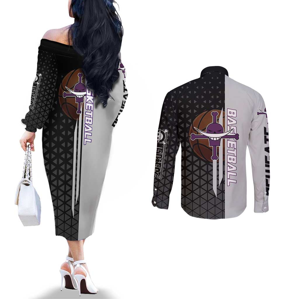 Whitebeard Newgate One Piece Basketball Theme Black and White Design Couples Matching Off The Shoulder Long Sleeve Dress and Long Sleeve Button Shirt with Crossed Moustache Emblem and Dominant Pose - The Mazicc