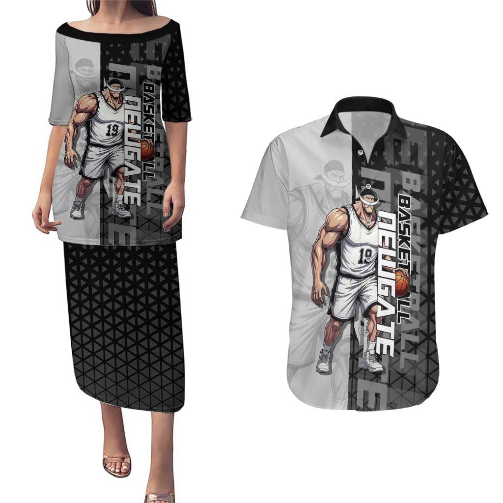 Whitebeard Newgate One Piece Basketball Theme Black and White Design Couples Matching Puletasi and Hawaiian Shirt with Crossed Moustache Emblem and Dominant Pose - The Mazicc