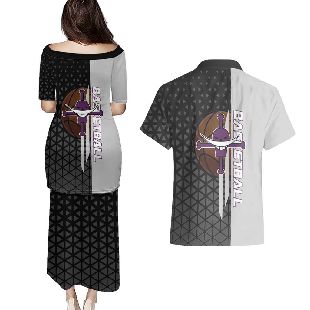 Whitebeard Newgate One Piece Basketball Theme Black and White Design Couples Matching Puletasi and Hawaiian Shirt with Crossed Moustache Emblem and Dominant Pose - The Mazicc