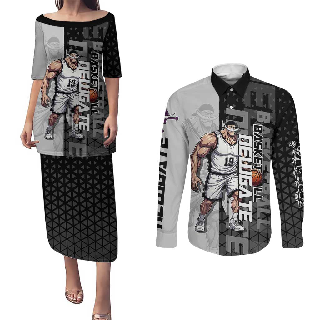 Whitebeard Newgate One Piece Basketball Theme Black and White Design Couples Matching Puletasi and Long Sleeve Button Shirt with Crossed Moustache Emblem and Dominant Pose - The Mazicc