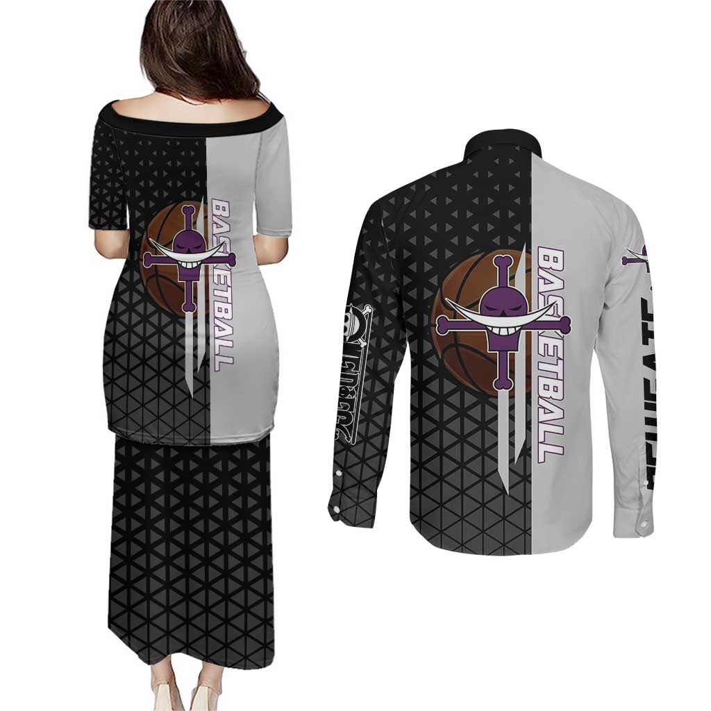 Whitebeard Newgate One Piece Basketball Theme Black and White Design Couples Matching Puletasi and Long Sleeve Button Shirt with Crossed Moustache Emblem and Dominant Pose - The Mazicc