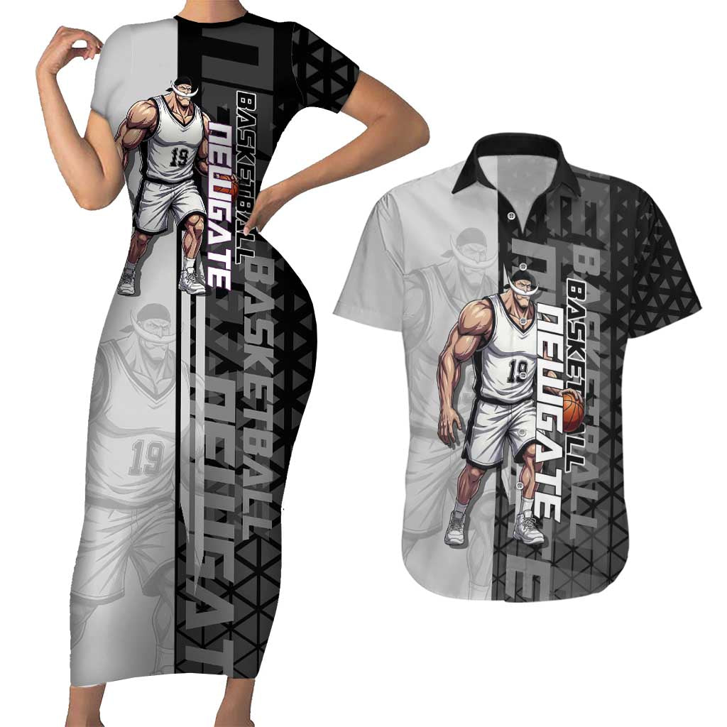 Whitebeard Newgate One Piece Basketball Theme Black and White Design Couples Matching Short Sleeve Bodycon Dress and Hawaiian Shirt with Crossed Moustache Emblem and Dominant Pose - The Mazicc