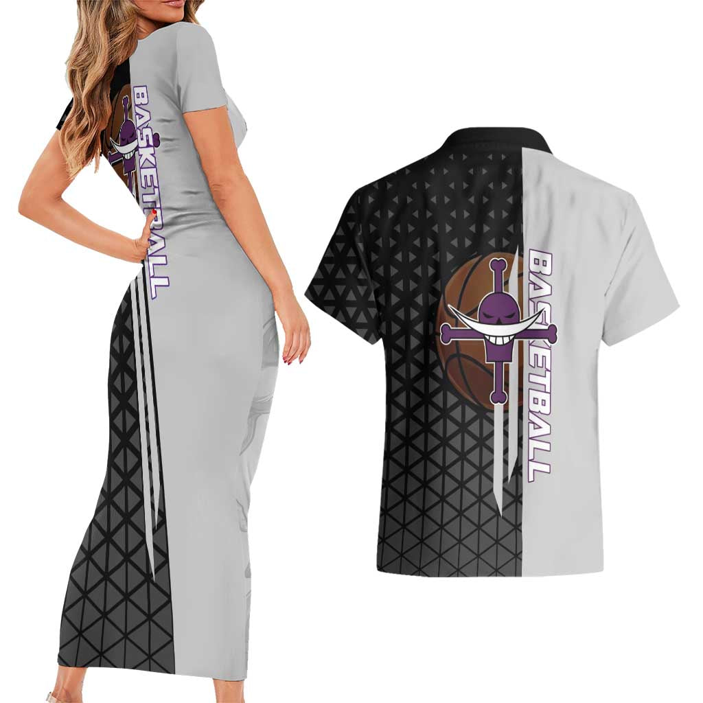 Whitebeard Newgate One Piece Basketball Theme Black and White Design Couples Matching Short Sleeve Bodycon Dress and Hawaiian Shirt with Crossed Moustache Emblem and Dominant Pose - The Mazicc