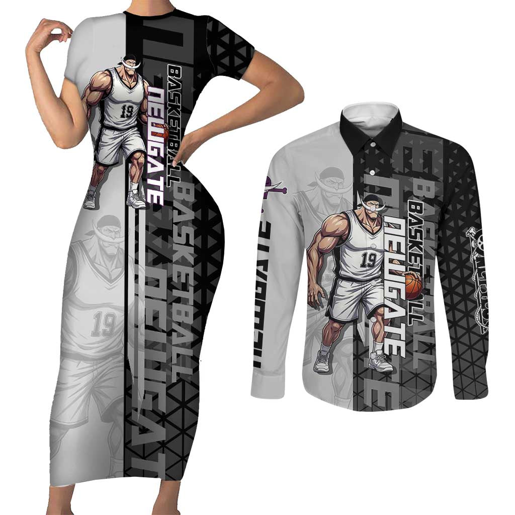 Whitebeard Newgate One Piece Basketball Theme Black and White Design Couples Matching Short Sleeve Bodycon Dress and Long Sleeve Button Shirt with Crossed Moustache Emblem and Dominant Pose - The Mazicc