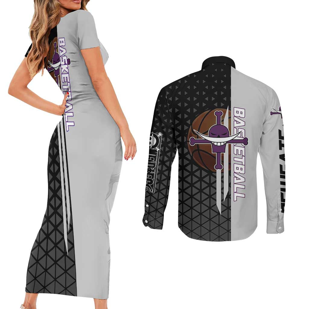 Whitebeard Newgate One Piece Basketball Theme Black and White Design Couples Matching Short Sleeve Bodycon Dress and Long Sleeve Button Shirt with Crossed Moustache Emblem and Dominant Pose - The Mazicc