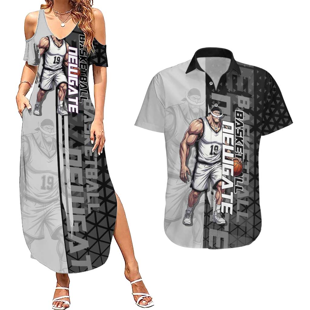 Whitebeard Newgate One Piece Basketball Theme Black and White Design Couples Matching Summer Maxi Dress and Hawaiian Shirt with Crossed Moustache Emblem and Dominant Pose - The Mazicc