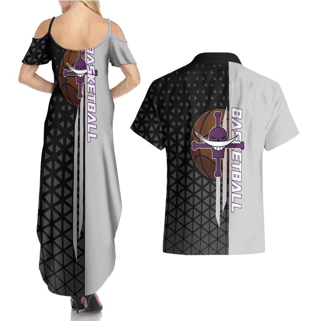 Whitebeard Newgate One Piece Basketball Theme Black and White Design Couples Matching Summer Maxi Dress and Hawaiian Shirt with Crossed Moustache Emblem and Dominant Pose - The Mazicc
