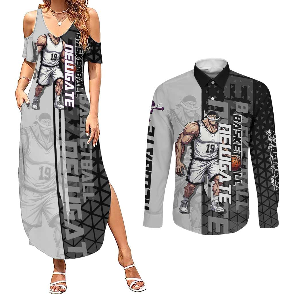 Whitebeard Newgate One Piece Basketball Theme Black and White Design Couples Matching Summer Maxi Dress and Long Sleeve Button Shirt with Crossed Moustache Emblem and Dominant Pose - The Mazicc