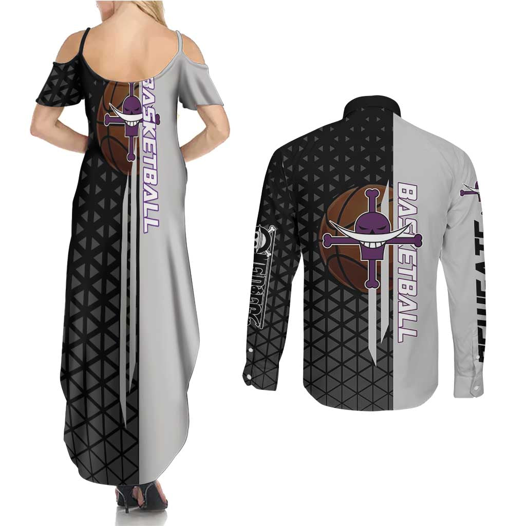 Whitebeard Newgate One Piece Basketball Theme Black and White Design Couples Matching Summer Maxi Dress and Long Sleeve Button Shirt with Crossed Moustache Emblem and Dominant Pose - The Mazicc