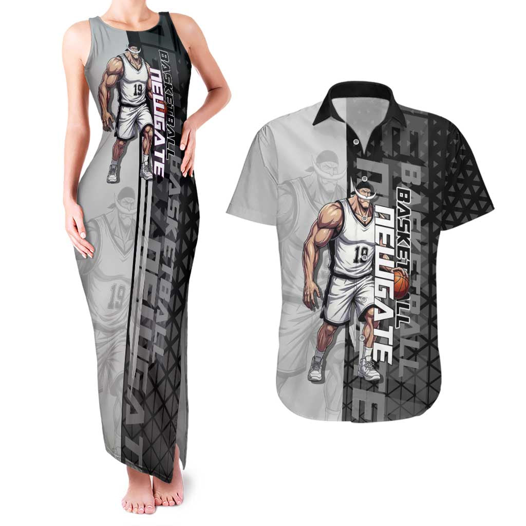 Whitebeard Newgate One Piece Basketball Theme Black and White Design Couples Matching Tank Maxi Dress and Hawaiian Shirt with Crossed Moustache Emblem and Dominant Pose - The Mazicc