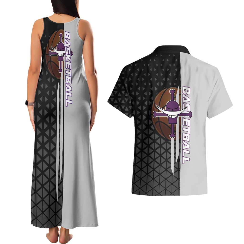 Whitebeard Newgate One Piece Basketball Theme Black and White Design Couples Matching Tank Maxi Dress and Hawaiian Shirt with Crossed Moustache Emblem and Dominant Pose - The Mazicc