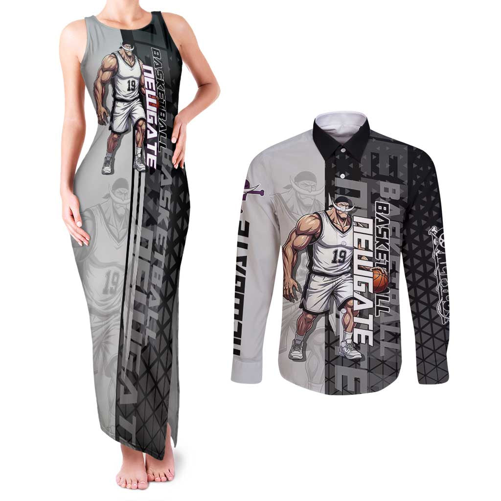 Whitebeard Newgate One Piece Basketball Theme Black and White Design Couples Matching Tank Maxi Dress and Long Sleeve Button Shirt with Crossed Moustache Emblem and Dominant Pose - The Mazicc