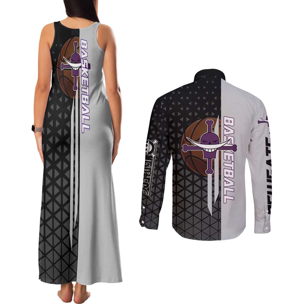 Whitebeard Newgate One Piece Basketball Theme Black and White Design Couples Matching Tank Maxi Dress and Long Sleeve Button Shirt with Crossed Moustache Emblem and Dominant Pose - The Mazicc