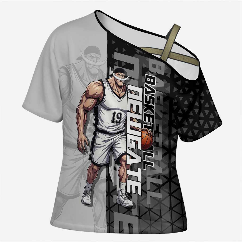 Whitebeard Newgate One Piece Basketball Theme Black and White Design Cross Shoulder Shirt with Crossed Moustache Emblem and Dominant Pose - The Mazicc