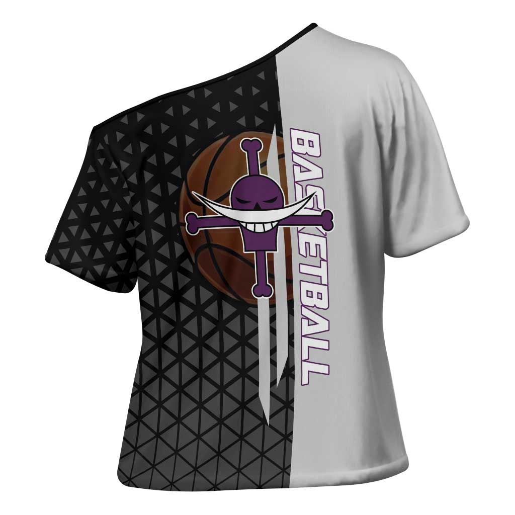 Whitebeard Newgate One Piece Basketball Theme Black and White Design Cross Shoulder Shirt with Crossed Moustache Emblem and Dominant Pose - The Mazicc