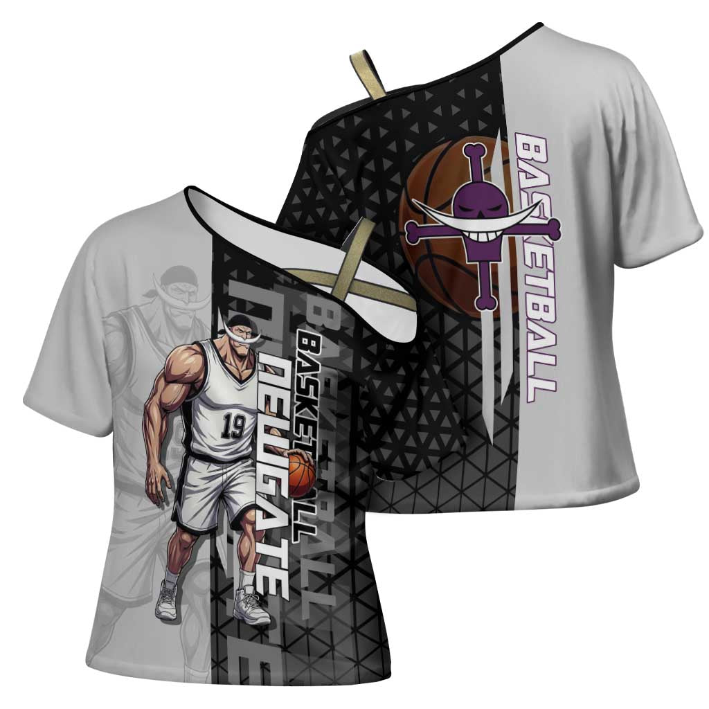 Whitebeard Newgate One Piece Basketball Theme Black and White Design Cross Shoulder Shirt with Crossed Moustache Emblem and Dominant Pose - The Mazicc