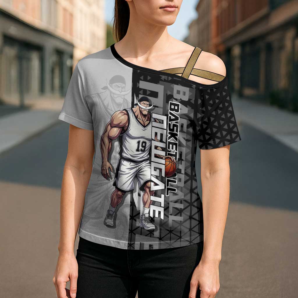 Whitebeard Newgate One Piece Basketball Theme Black and White Design Cross Shoulder Shirt with Crossed Moustache Emblem and Dominant Pose - The Mazicc
