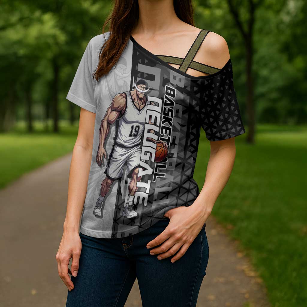 Whitebeard Newgate One Piece Basketball Theme Black and White Design Cross Shoulder Shirt with Crossed Moustache Emblem and Dominant Pose - The Mazicc