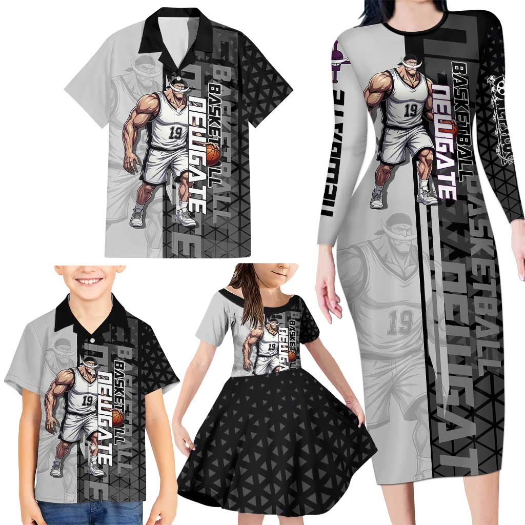 Whitebeard Newgate One Piece Basketball Theme Black and White Design Family Matching Long Sleeve Bodycon Dress and Hawaiian Shirt with Crossed Moustache Emblem and Dominant Pose