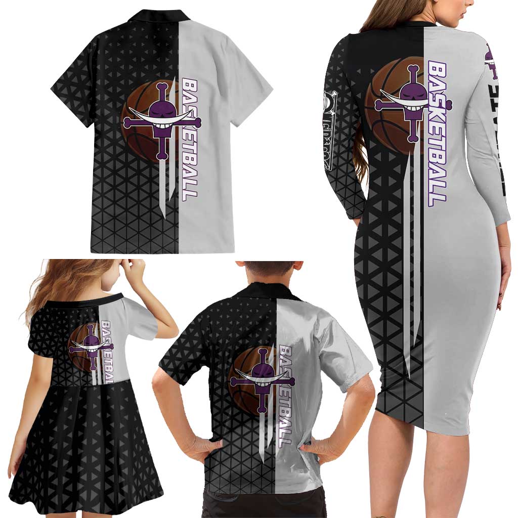 Whitebeard Newgate One Piece Basketball Theme Black and White Design Family Matching Long Sleeve Bodycon Dress and Hawaiian Shirt with Crossed Moustache Emblem and Dominant Pose