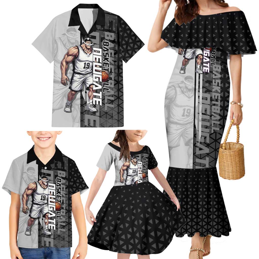 Whitebeard Newgate One Piece Basketball Theme Black and White Design Family Matching Mermaid Dress and Hawaiian Shirt with Crossed Moustache Emblem and Dominant Pose