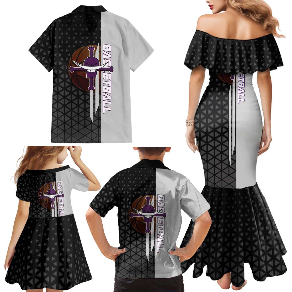 Whitebeard Newgate One Piece Basketball Theme Black and White Design Family Matching Mermaid Dress and Hawaiian Shirt with Crossed Moustache Emblem and Dominant Pose